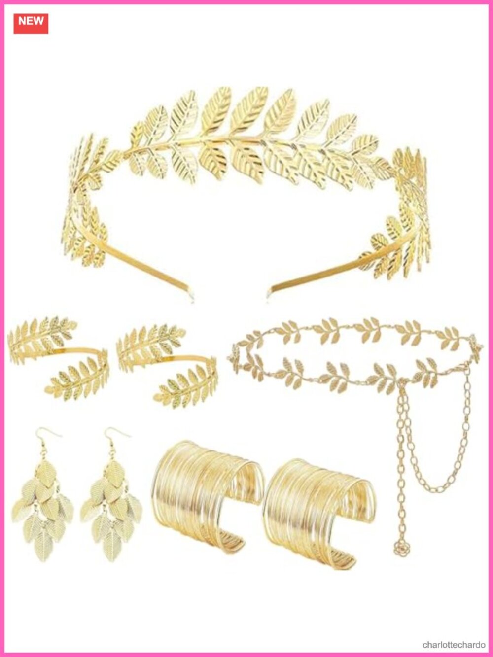 8-Piece Gold Leaf Goddess Costume Accessory Set Crown Waist Chain Armbands